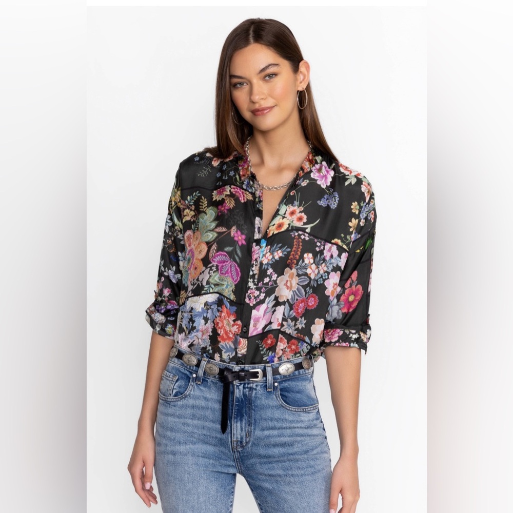 Johnny Was Audrey Oversized Silk Button Down Blouse Size XS New With Tags